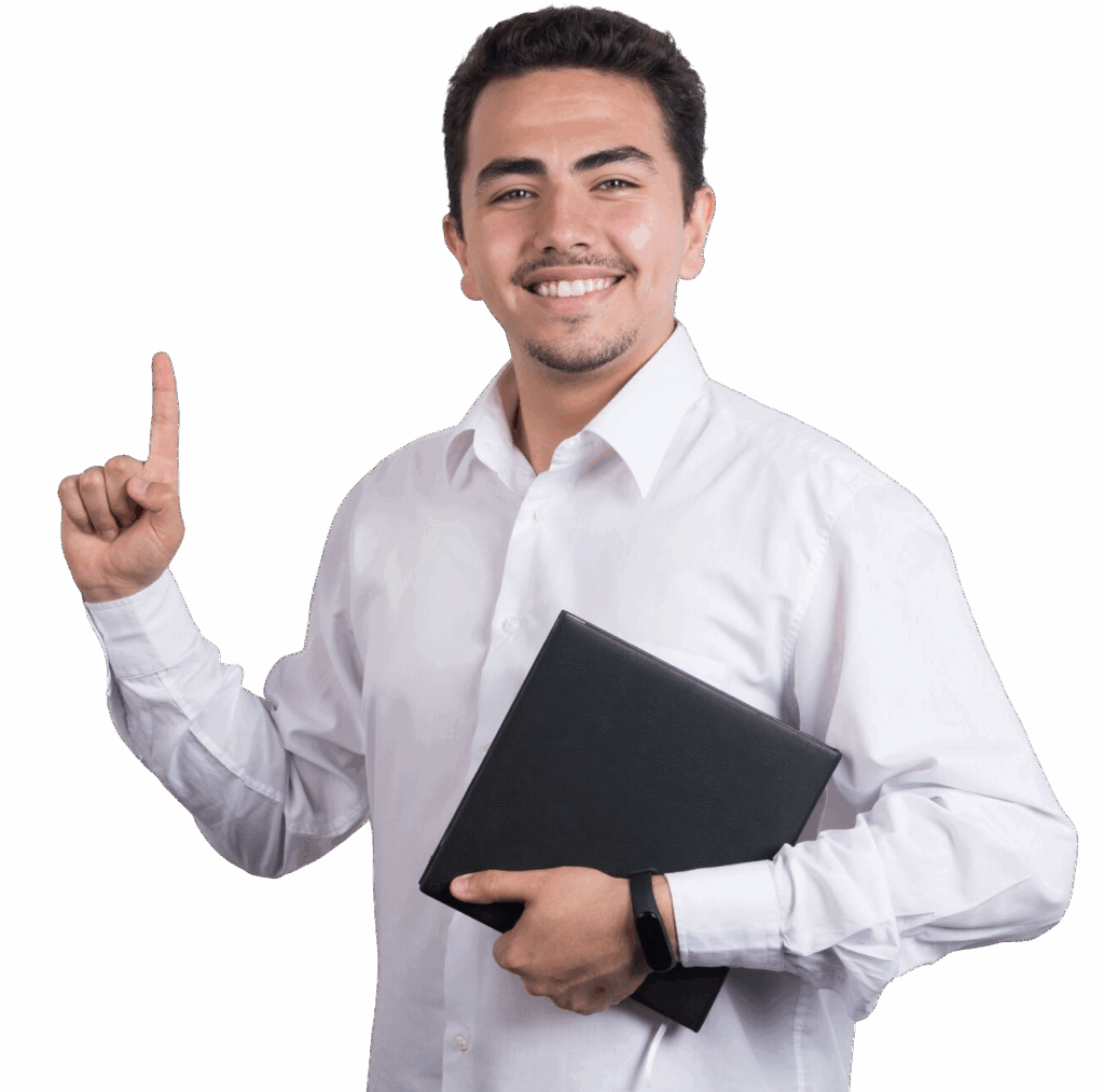 businessman holding laptop pointing up white background